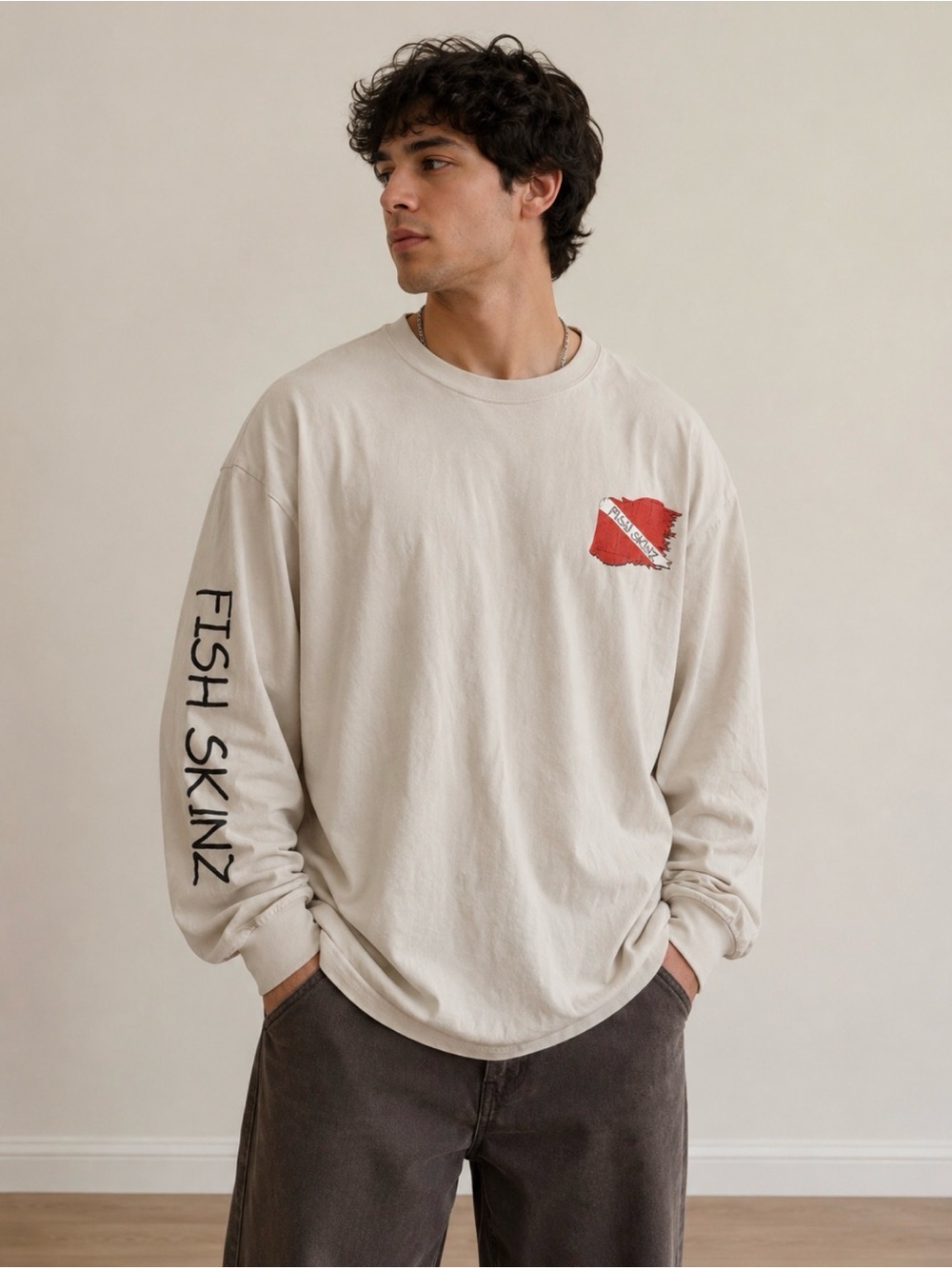 Men's Long Sleeve Fish Skinz Tee in Light Beige with Red Accent